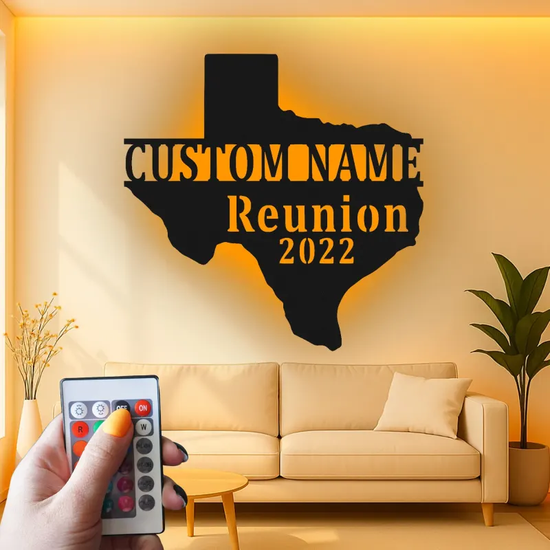 Enseigne en métal LED personnalisée Texas | Décoration murale pour réunion de famille personnalisée | Décor en silhouette d'état rustique