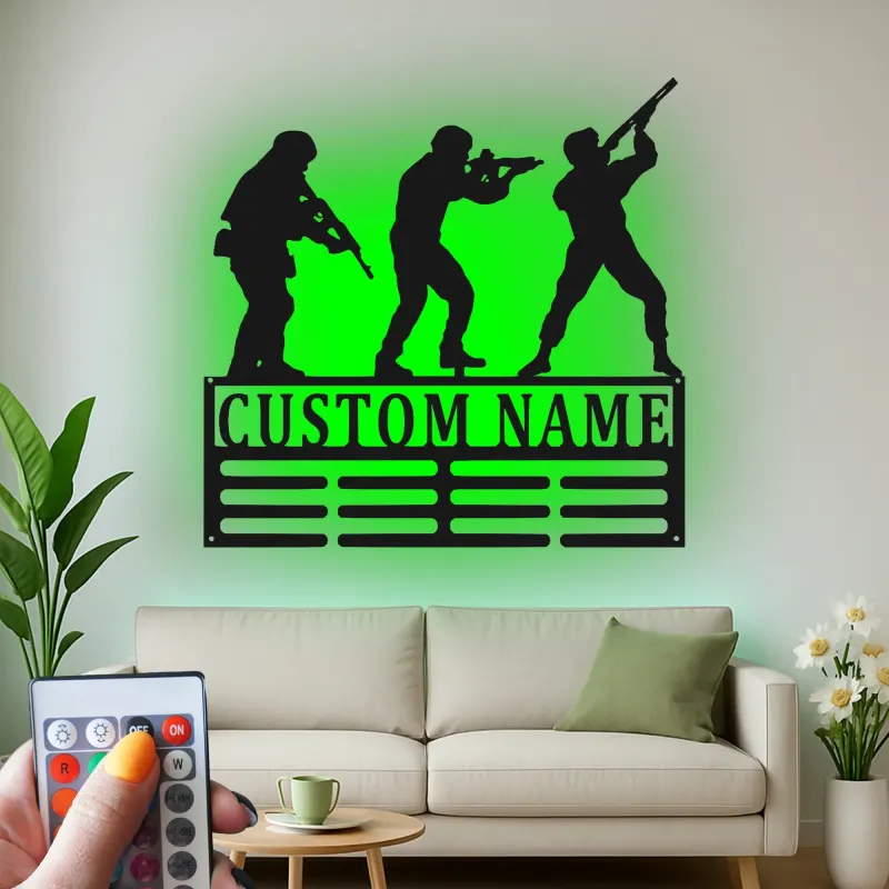 Silueta de soldado personalizada | Decoración mural LED de metal militar a medida | Decoración patriótica para veteranos y familias del ejército