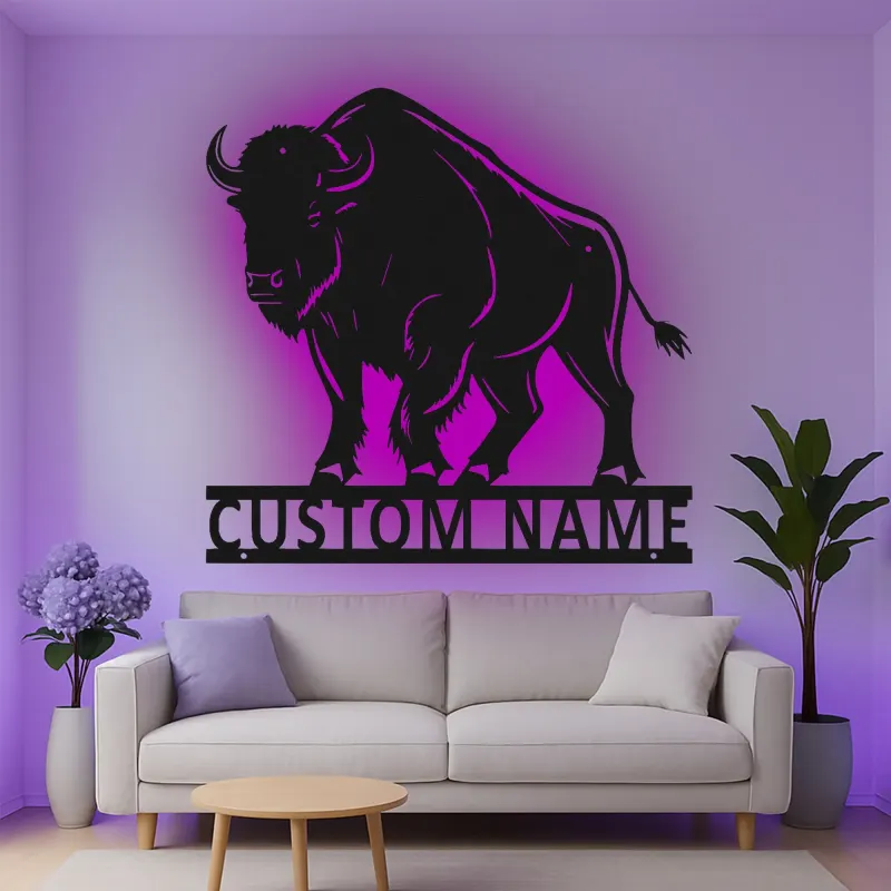Insegna in metallo LED personalizzata con bisonte - Regalo per amanti della natura e decorazione rustica per il soggiorno