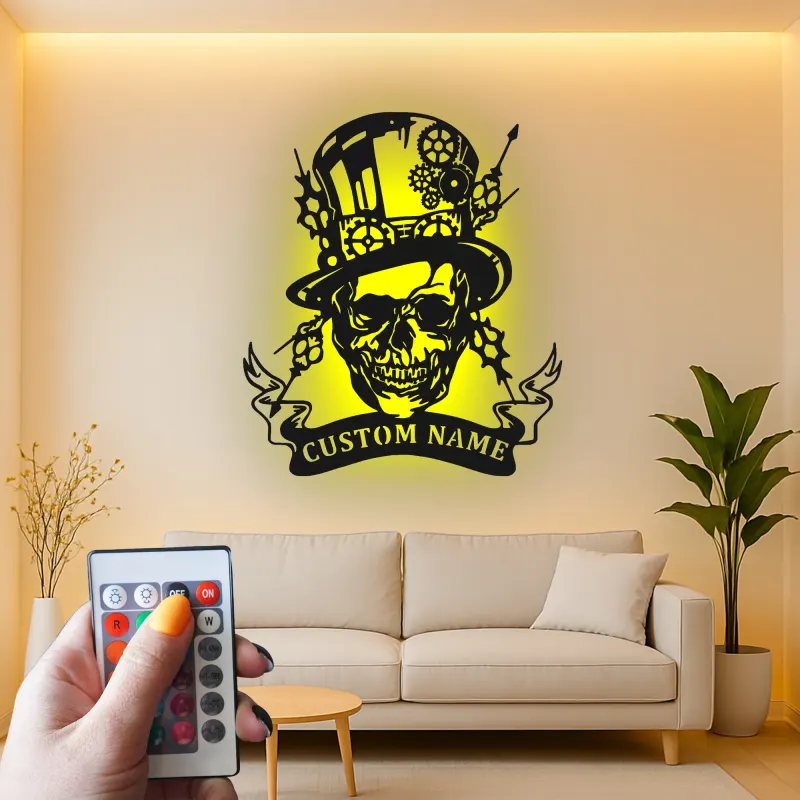 Insegna in metallo LED Teschio Steampunk | Insegna con Nome Personalizzato per Man Cave | Decorazione per Stanza di Gioco Gotica con Cappello a Cilindro e Ingranaggi