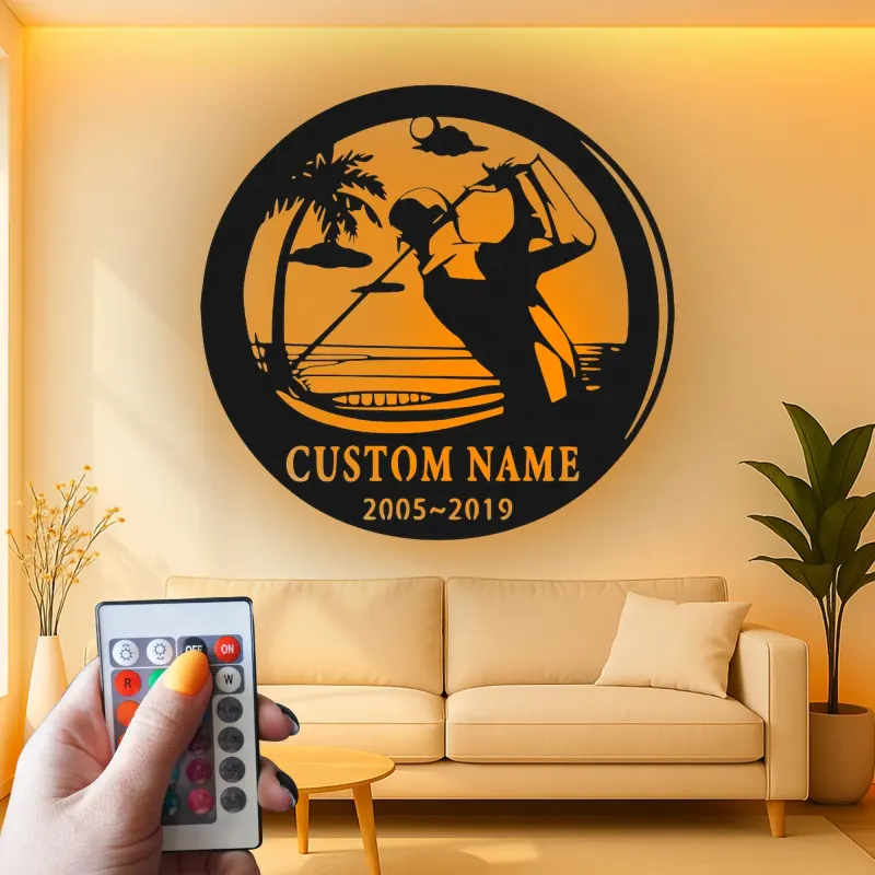 Panneau métallique personnalisé pour golfeur | Décoration murale LED pour bureau et maison | Cadeau personnalisé pour amateur de golf | Déco de man cave