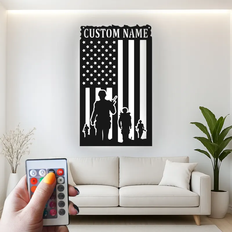 Personalized Soldier Metal Flag | Custom Army Name Sign for Veteran | Patriotic LED Wall Art & Military Decor