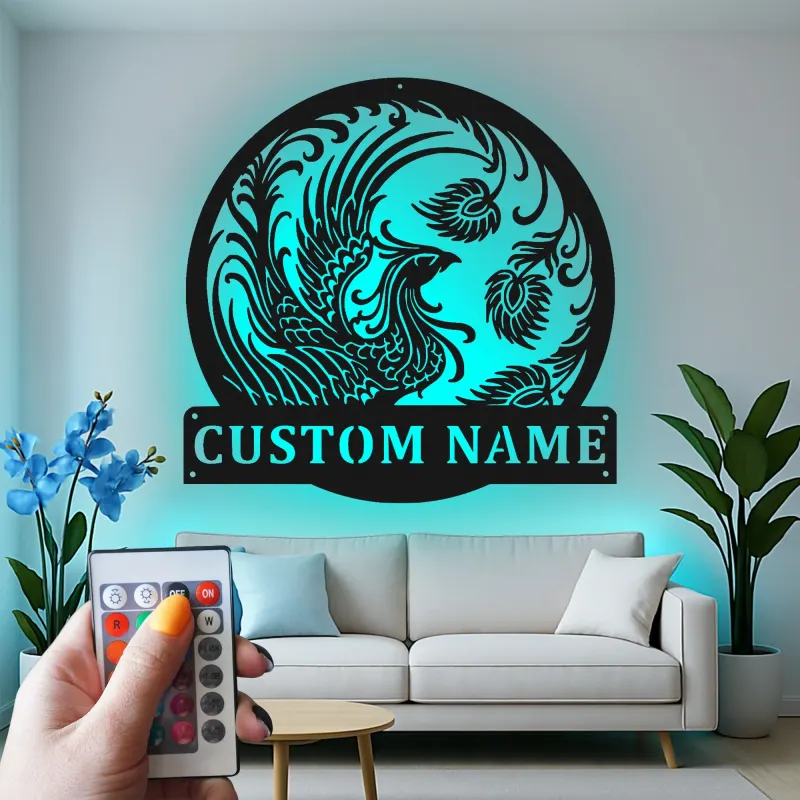 Personalized Phoenix Metal Sign | LED Backlit Mythical Firebird Wall Art | Custom Name Decor for Fantasy Lovers