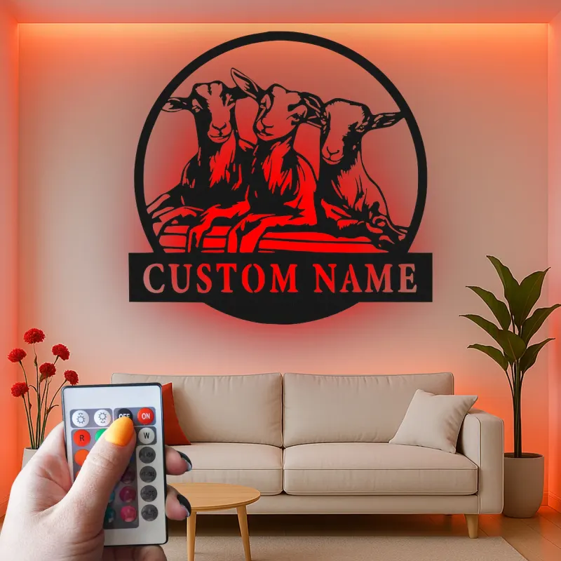 Cartel de metal de cabra personalizado con LED | Decoración mural farmhouse personalizada | Decoración rústica de granero y regalo para amantes de las cabras