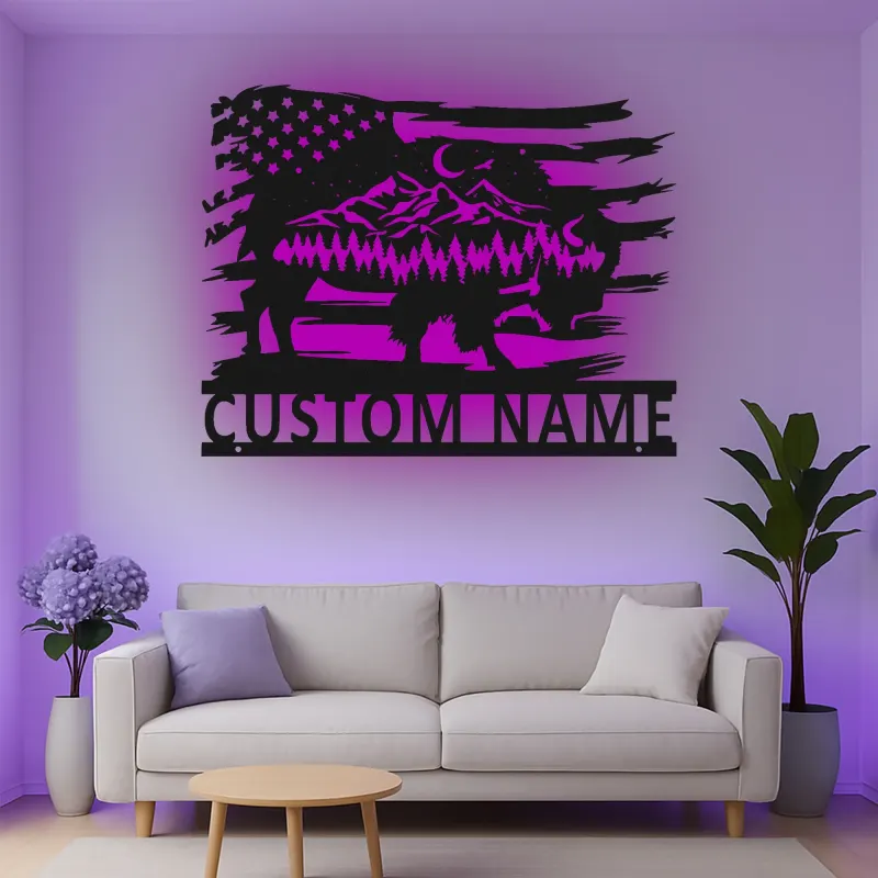 Custom Buffalo American Flag Led Light Metal Wall Art Unique Gift for Nature Lovers Rustic Living Room Decor