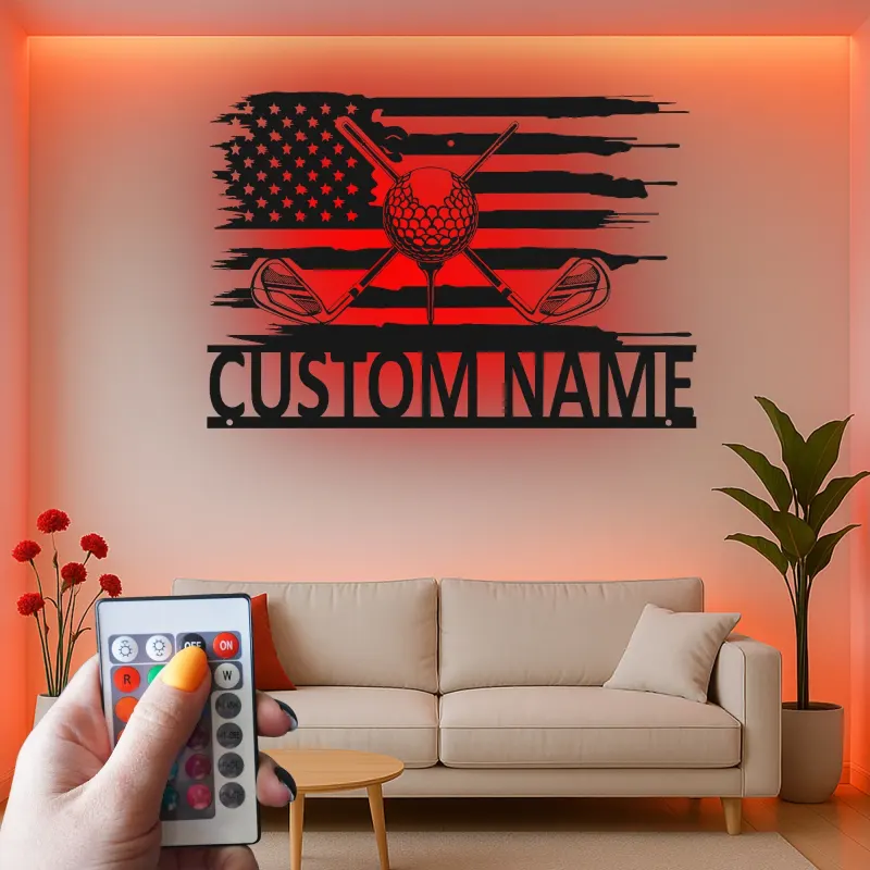Custom Golf Name Sign | LED Metal Wall Art with American Flag | Personalized Golfer Gift for Man Cave | Patriotic Garage Decor