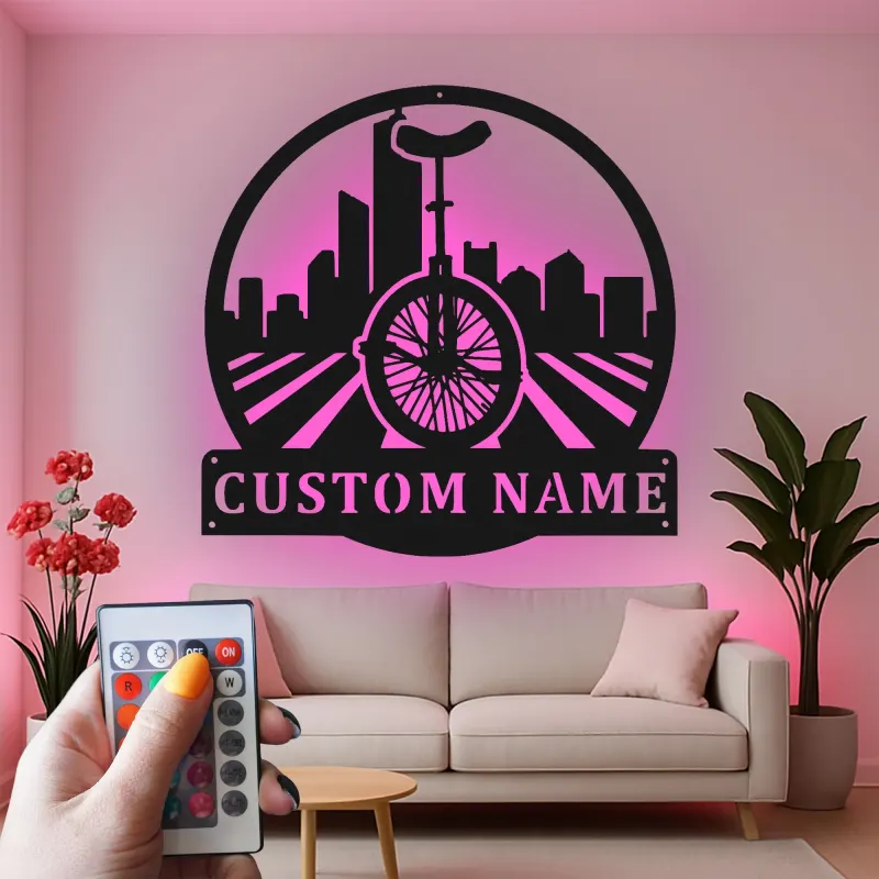 Custom Unicycle Cityscape Led Light Metal Wall Art Unique Gift for Cyclists Urban Decor for Living Room