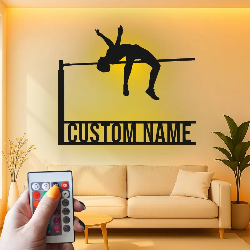 Personalisierte Hochsprung Metall-Wandkunst | Individuelles LED-Schild für Athleten | Geschenk für Leichtathletik-Dekor