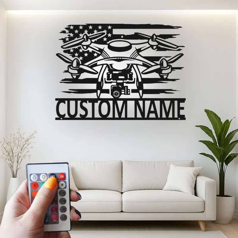 Custom Drone Led Light Metal Wall Art Personalized Gift for Drone Enthusiasts Man Cave or Office Decor