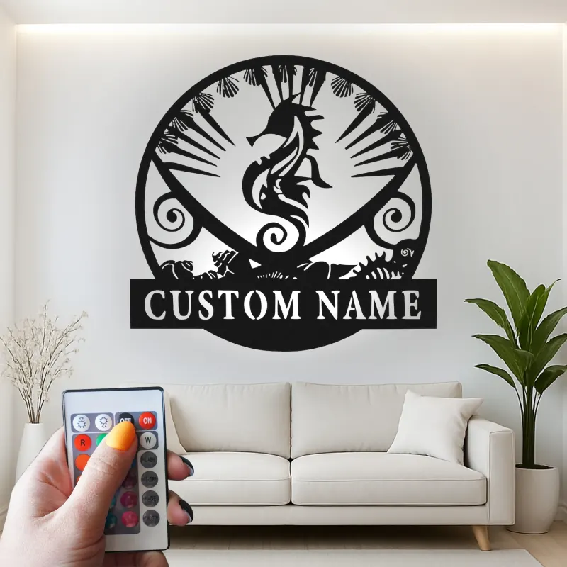Arte Mural de Metal de Caballito de Mar Personalizado | Decoración Náutica LED para el Océano | Regalo Personalizado para Hogar Costero y Casa de Playa