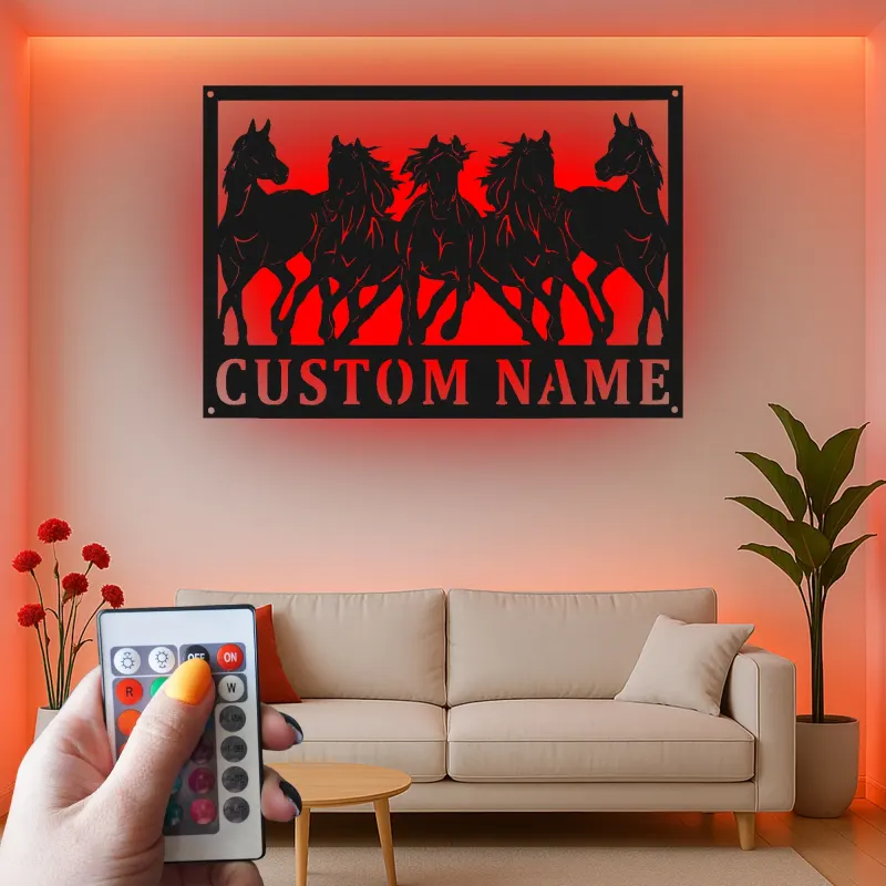 Cartel con nombre de caballo personalizado | Decoración mural de metal LED para rancho y decoración ecuestre | Caballos al galope personalizados