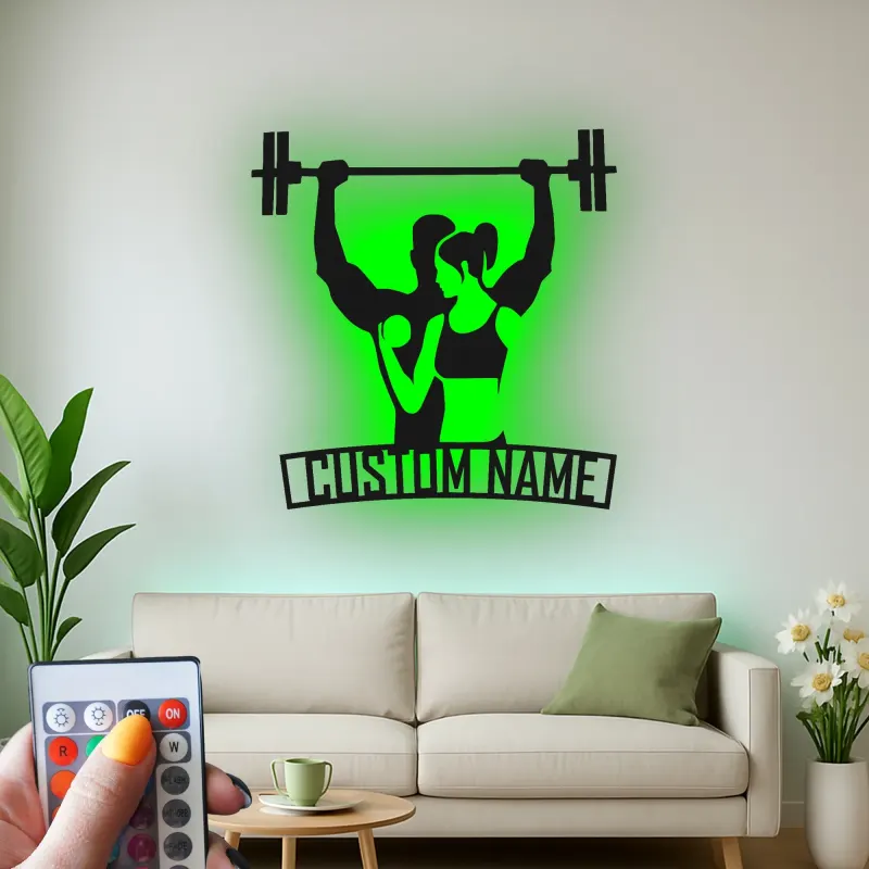 Panneau en métal personnalisé pour couple sportif | Décor LED personnalisé pour salle de sport à la maison | Décoration murale fitness, cadeau pour couple