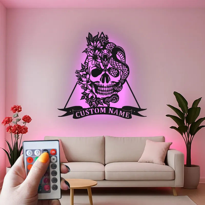 Gothic Skull & Snake LED Metal Wall Art | Personalized Tattoo Studio Decor | Custom Name Sign for Home Bar