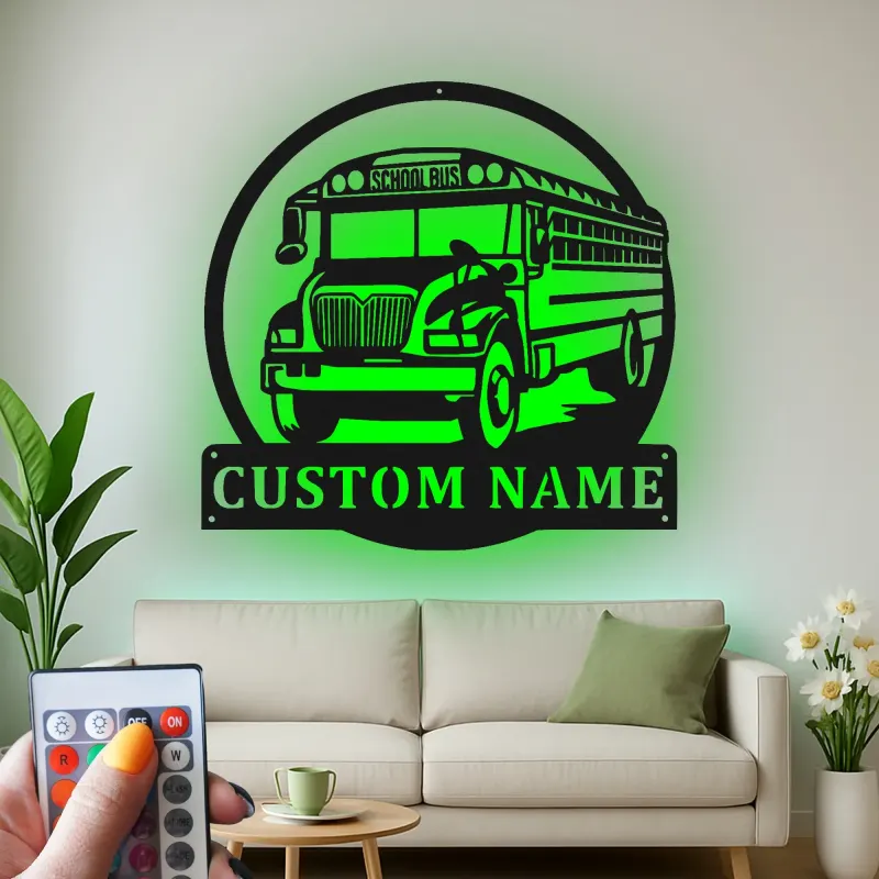 Insegna LED in metallo personalizzata scuolabus | Regalo personalizzato per autista di scuolabus | Decorazione per insegnanti | Insegna luminosa con nome