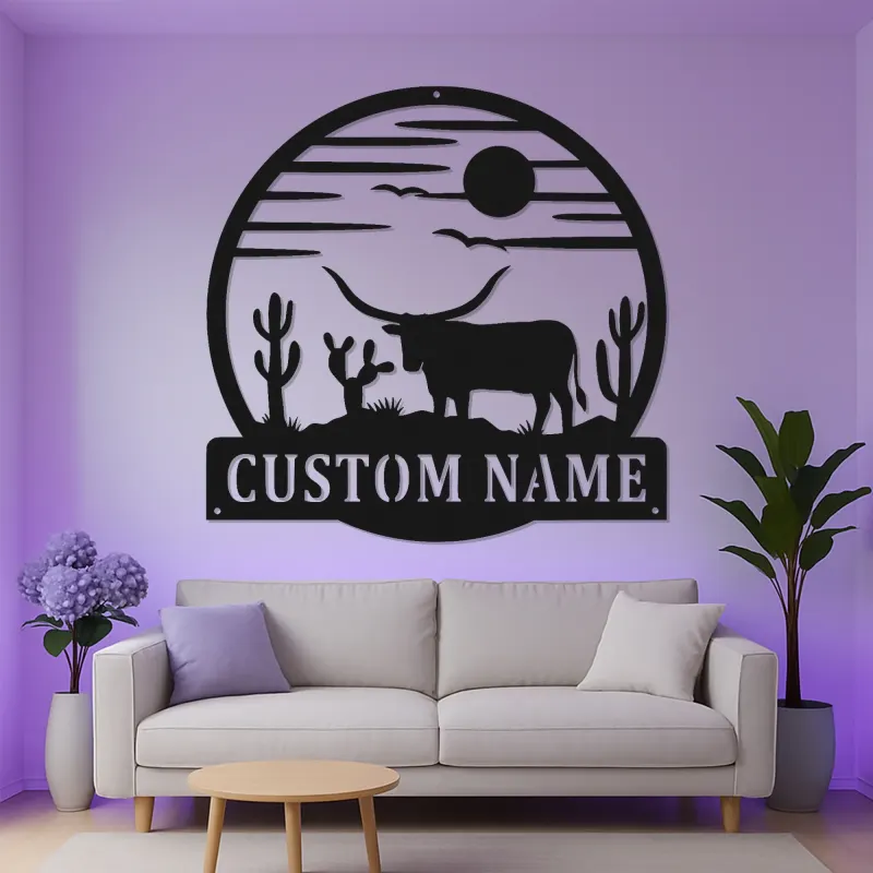 Insegna in metallo Texas Longhorn personalizzata | Insegna LED per ranch | Scena desertica per arredamento rustico