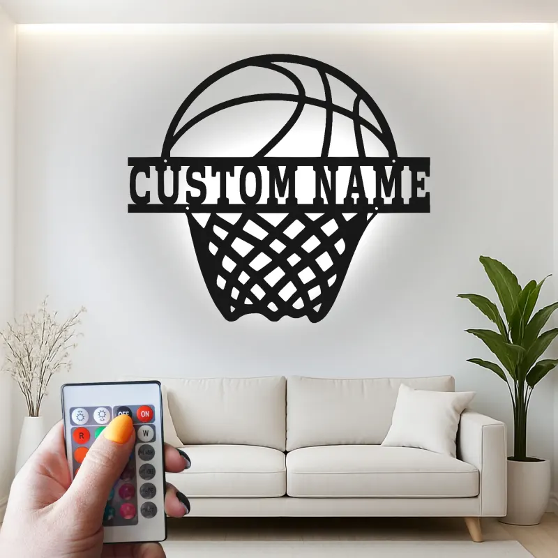 Cartel de metal personalizado de aro de baloncesto con luz LED, regalo deportivo personalizado para atletas, decoración para sala de juegos