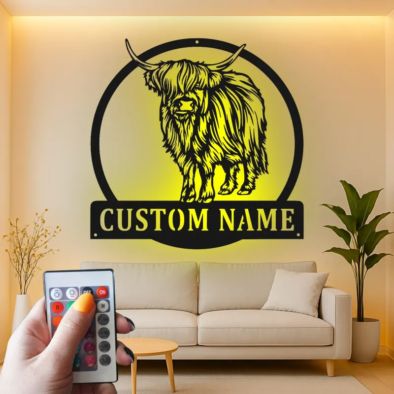 Décoration murale LED en métal Highland Cow | Enseigne ferme personnalisée | Cadeau déco rustique sur mesure pour amoureux des vaches
