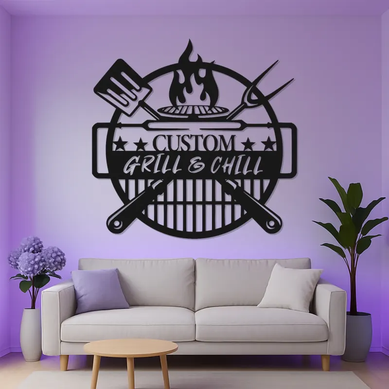Custom Grill & Chill LED Metal Sign | BBQ Patio Wall Decor | Outdoor Kitchen Art | Personalized Gift for Grill Master Dad