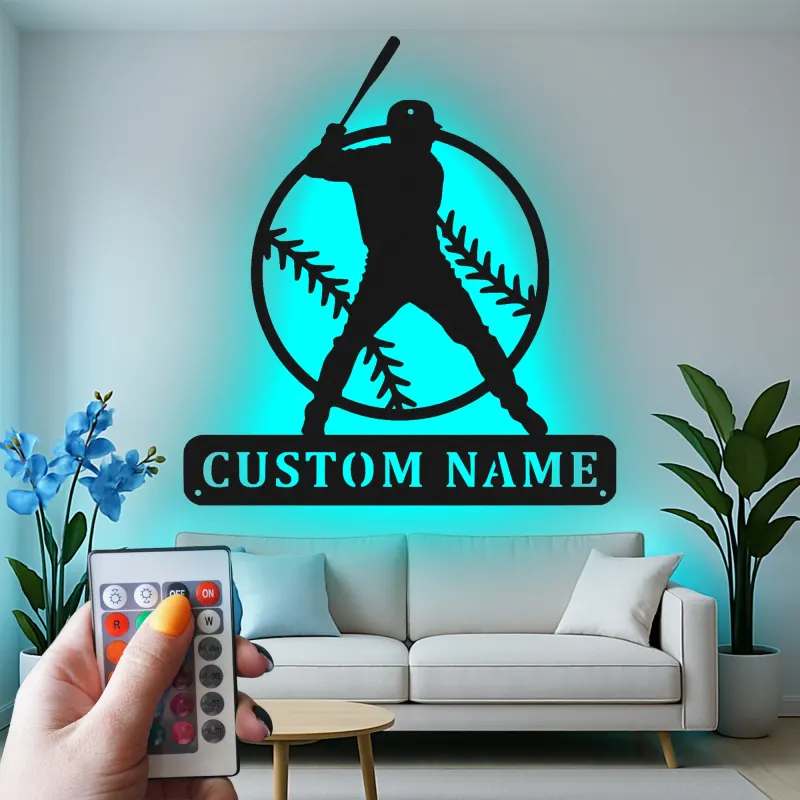 Décoration murale en métal personnalisée joueur de baseball avec rétroéclairage LED