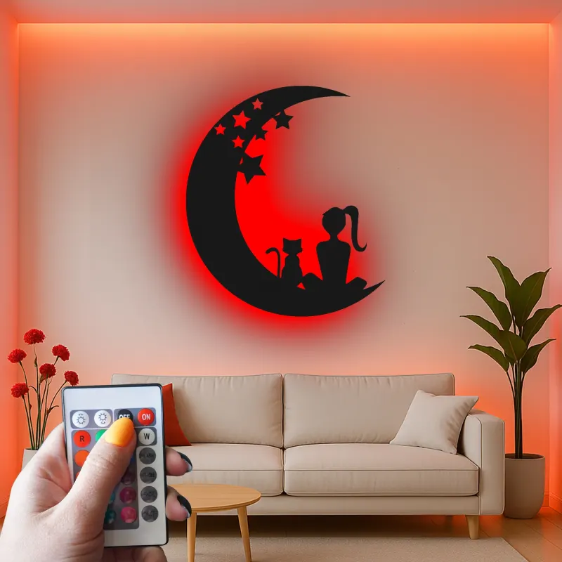 Art mural LED en métal Fille et chat | Panneau silhouette lune et étoiles | Déco rétroéclairée pour chambre bébé et chambre | Cadeau personnalisé pour amoureuse des chats