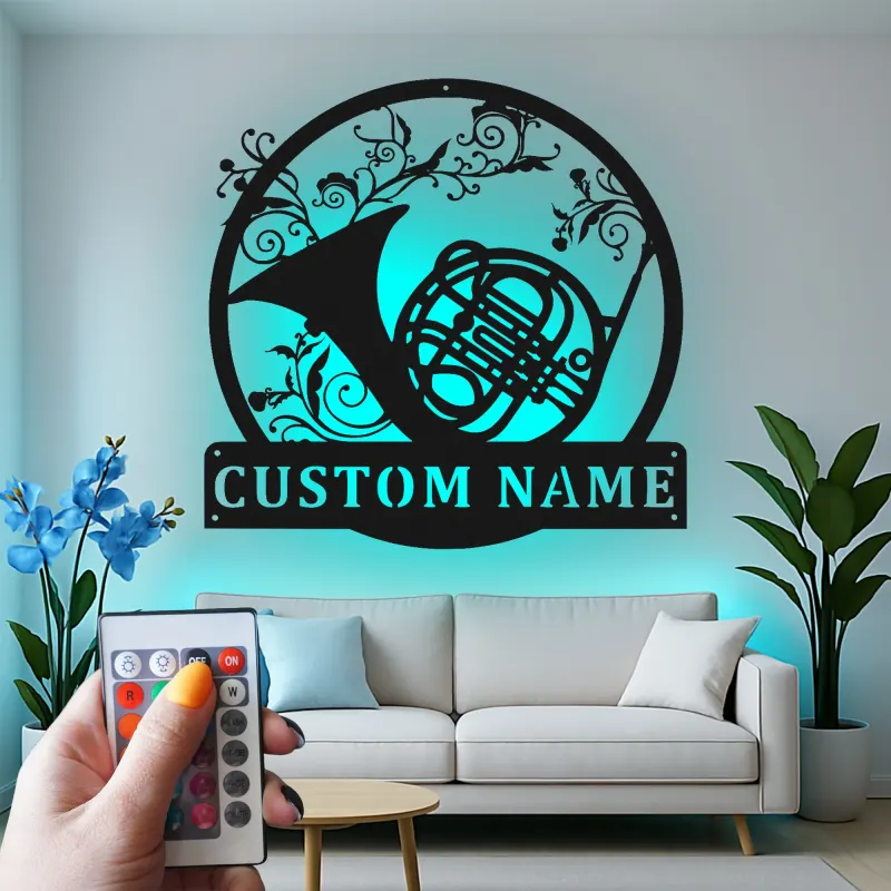 French Horn Metal Wall Art | Personalized LED Sign for Music Room | Custom Musician Name Plaque | Studio Decor Gift