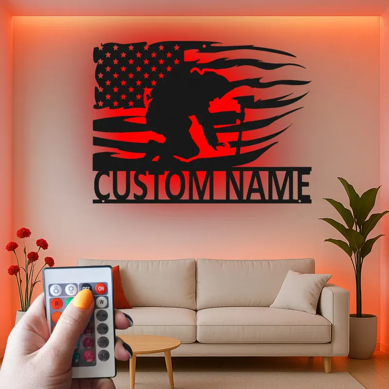 Insegna per Vigile del Fuoco Personalizzata | Arte Murale in Metallo LED Personalizzata | Regalo Patriottico per Decorazione Man Cave