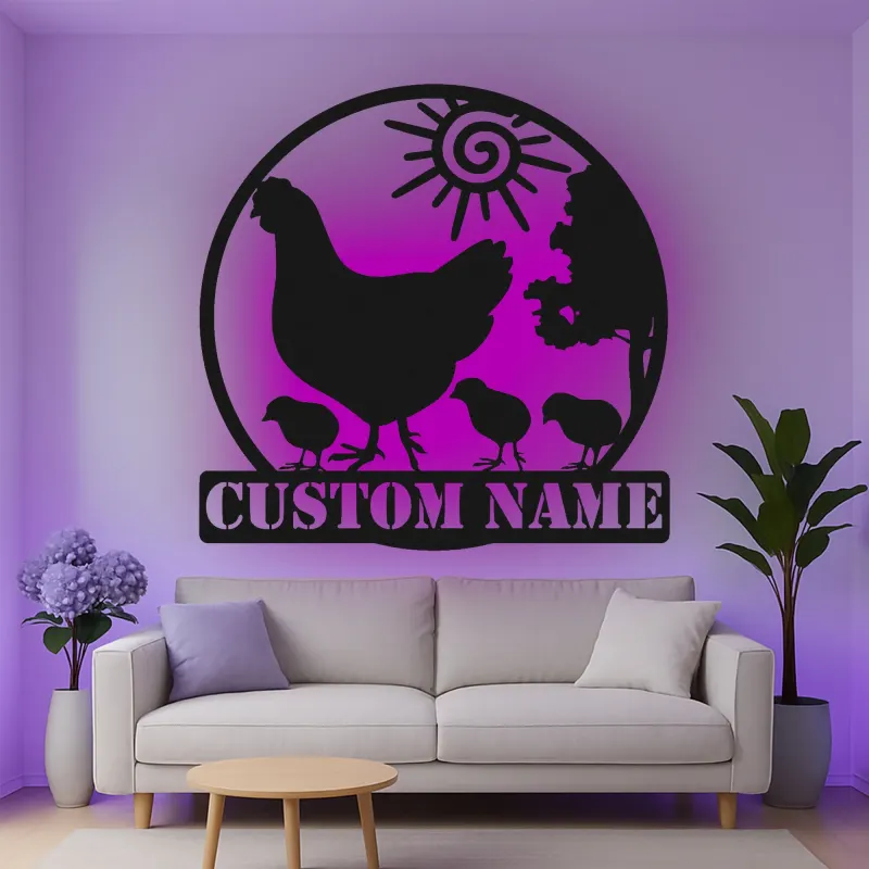 Insegna in metallo LED Famiglia Pollo Personalizzata Regalo per Casa Decorazione Cucina Rustica