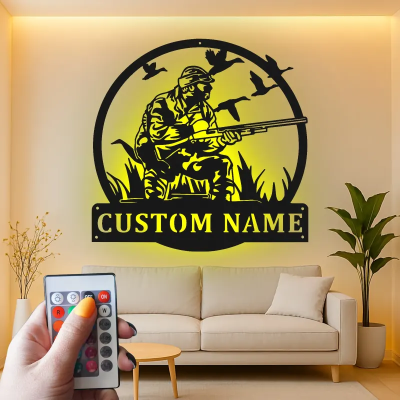 Insegna in metallo personalizzata per cacciatori con anatre con luce LED regalo per cacciatori decorazione per man cave o cabin
