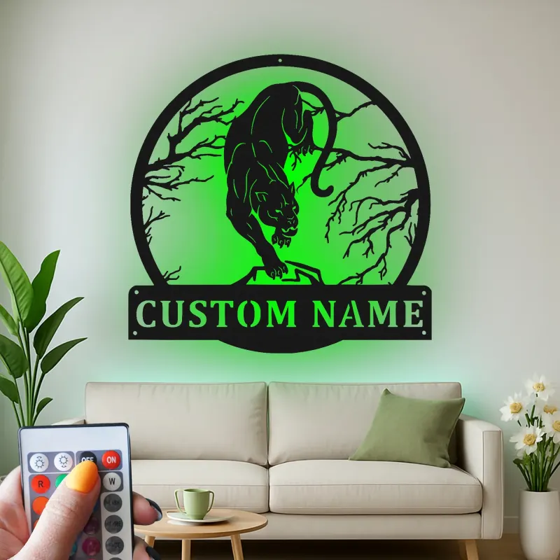 Prowling Panther LED Metal Sign | Custom Name Wall Art | Realistic Wildlife Silhouette for Man Cave or Office Decor