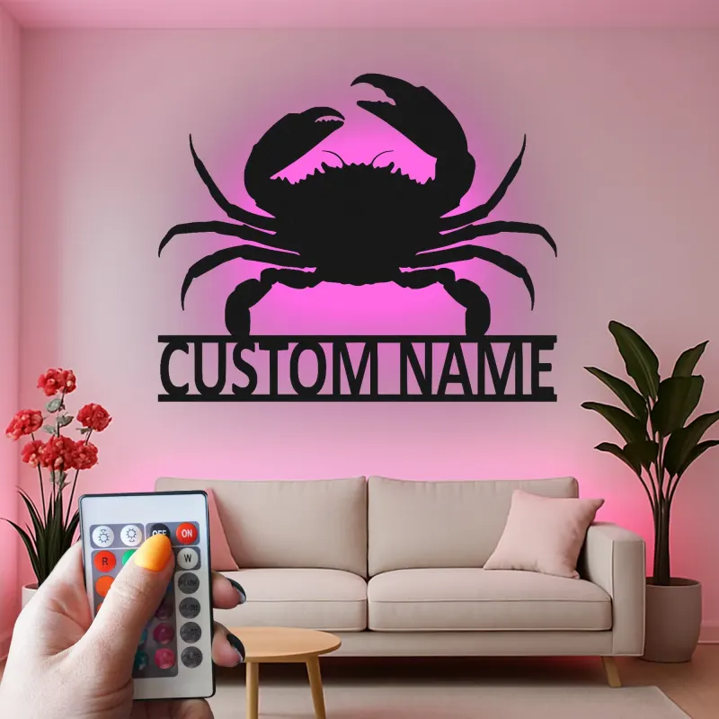 Cartel de metal personalizado de cangrejo con luz LED, regalo costero, decoración de casa de playa para amantes del océano