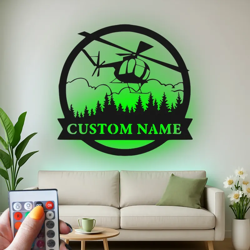Custom Helicopter LED Sign | Personalized Pilot Gift | Metal Aviation Wall Art for Office & Man Cave