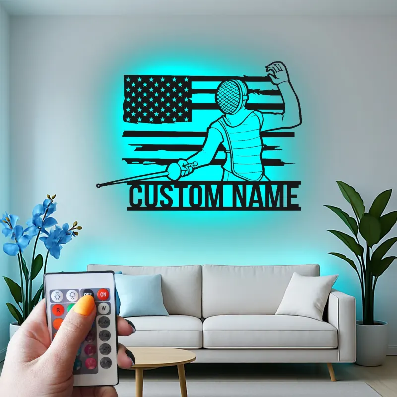 Personalized Fencing LED Sign | Custom Fencer Name Wall Art | USA Flag Metal Decor for Athlete Gift