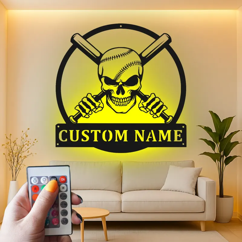 Custom Baseball Skull Led Light Metal Wall Art Personalized Gift for Sports Fans Game Room Decor