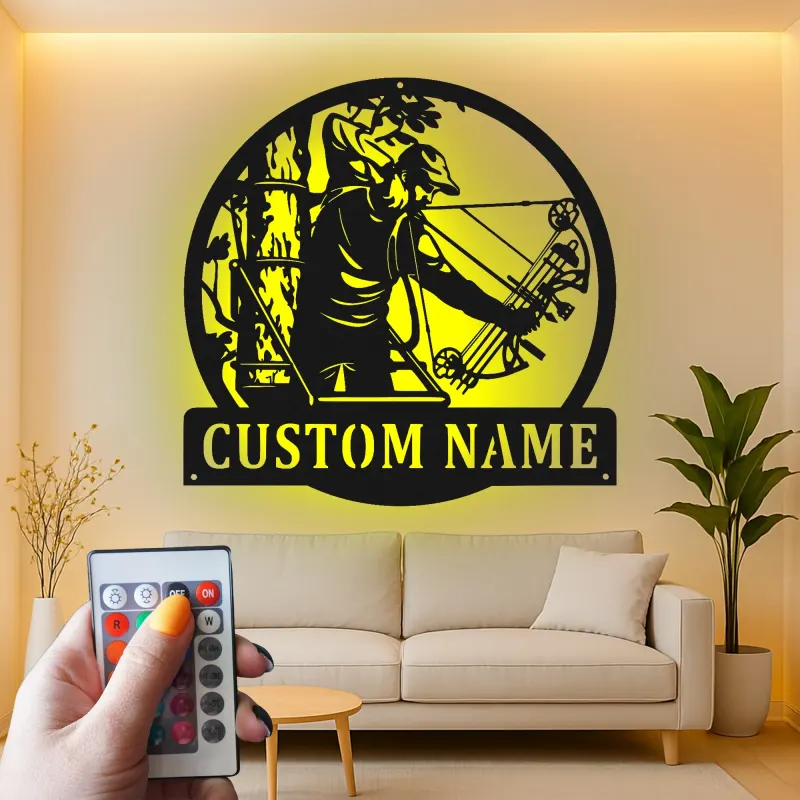 Custom Bow Hunter Led Light Metal Wall Art Personalized Gift for Archers Man Cave or Hunting Lodge Decor