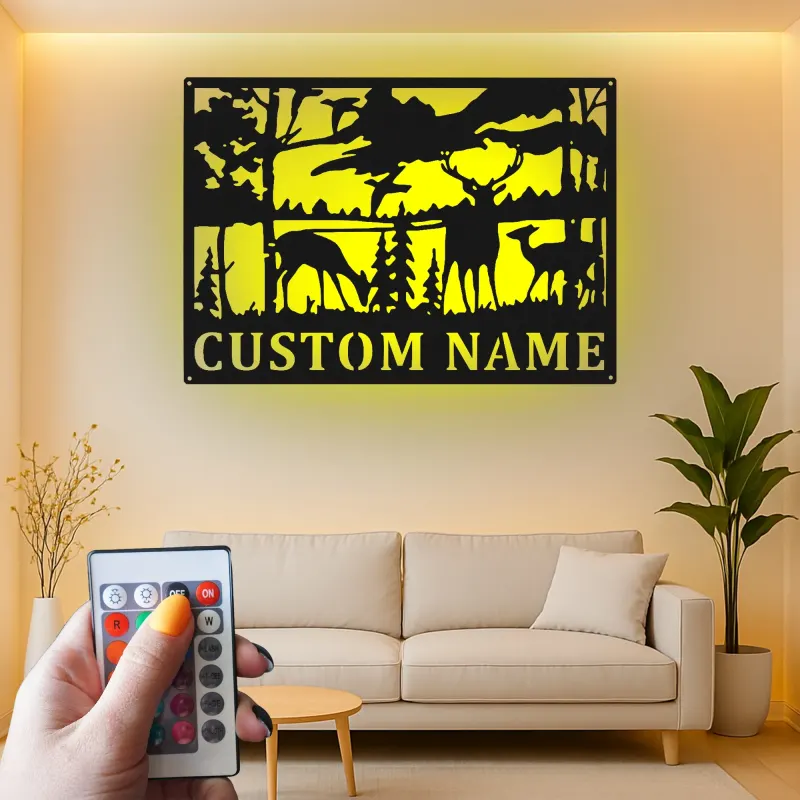 Décoration murale en métal personnalisée avec éclairage LED de forêt de cerfs - Cadeau pour les amoureux de la nature, décoration de chalet ou de pavillon
