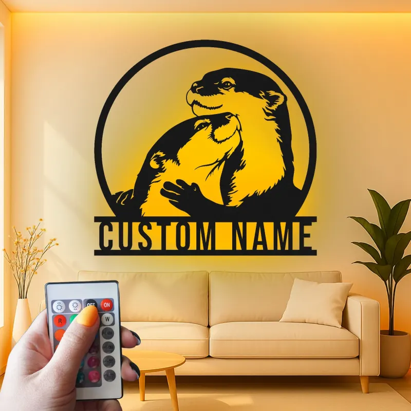 Insegna LED personalizzata con lontra | Arte murale in metallo personalizzata per nursery | Decorazione silhouette animale selvatico | Regalo per amante delle lontre