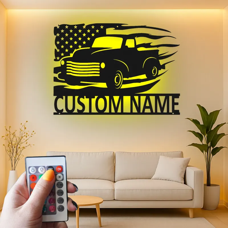 Personalisierter Vintage-Truck mit amerikanischer Flagge LED-Licht Metall-Wandkunst Geschenk für Ihn Garagen- oder Männerecken-Dekor
