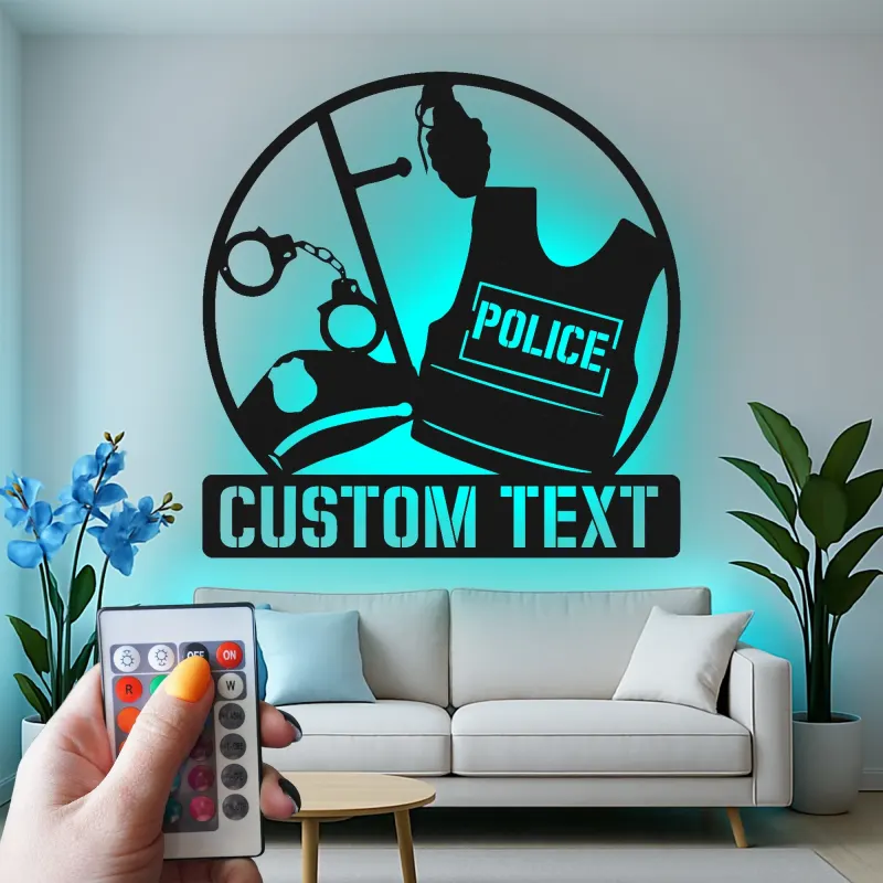 Personalized Police Gear Metal Sign | LED Law Enforcement Wall Art | Custom Officer Name Plaque | Cop Retirement & Academy Gift