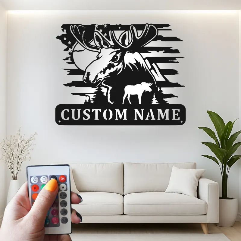Cartel de metal personalizado de alce con LED | Decoración mural de vida salvaje personalizada para cabañas y lodges | Regalo rústico para cazadores con bandera americana