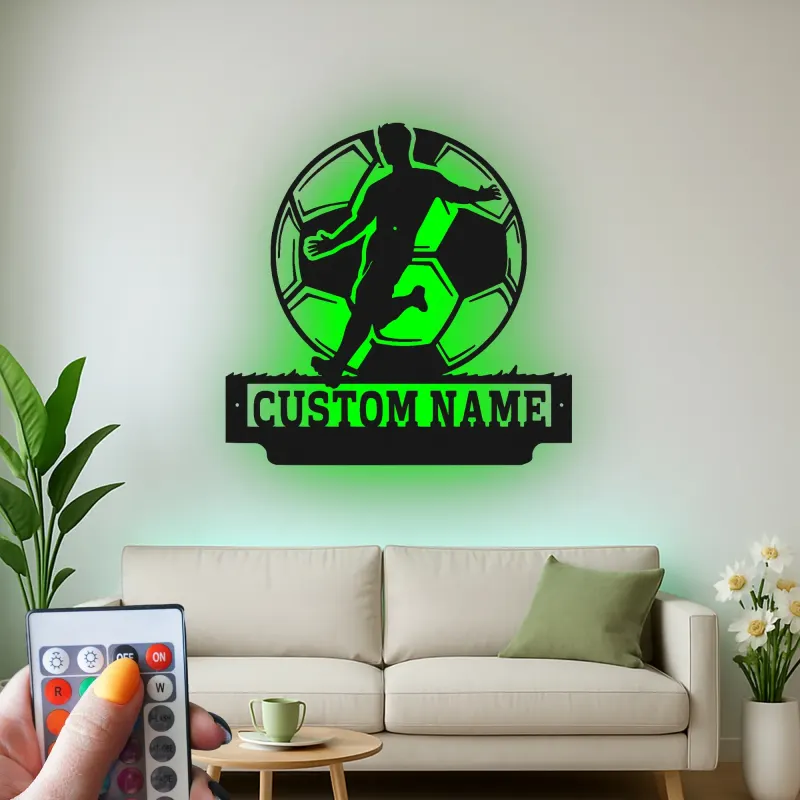 Cartel de Metal de Jugador de Fútbol Personalizado | Decoración Mural LED Personalizada | Decoración para Habitaciones de Atletas | Regalo de Fútbol con Nombre