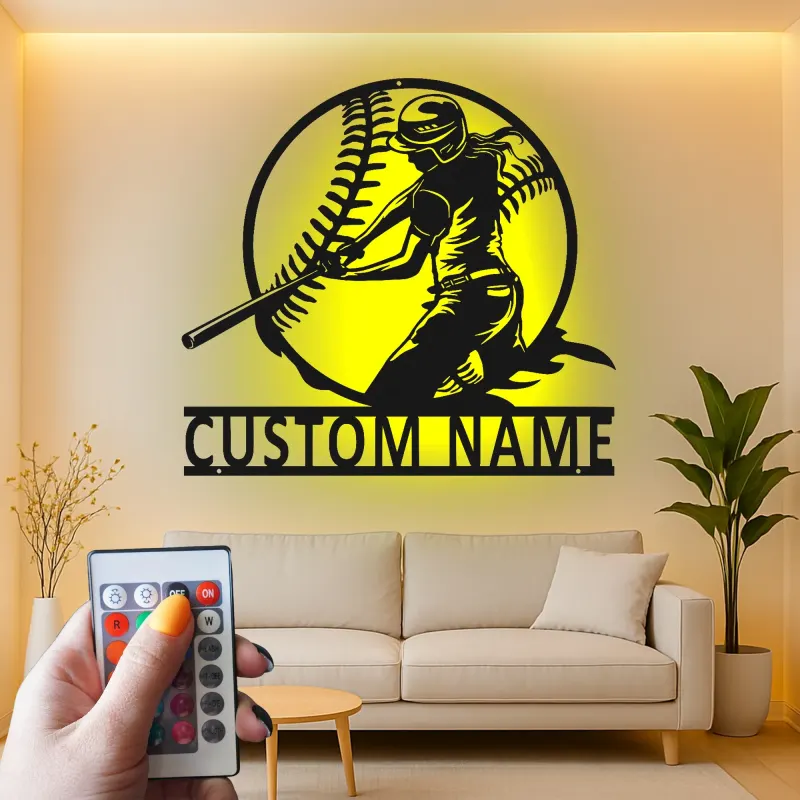 Décoration murale en métal personnalisée pour joueur de softball avec rétroéclairage LED - Cadeau pour passionnés de softball
