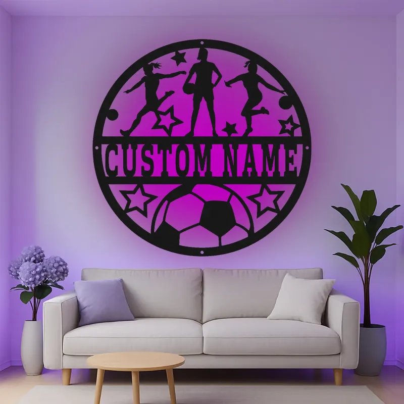 Insegna in metallo personalizzata con luce LED per calciatori, regalo personalizzato per appassionati di calcio, decorazione per sala giochi