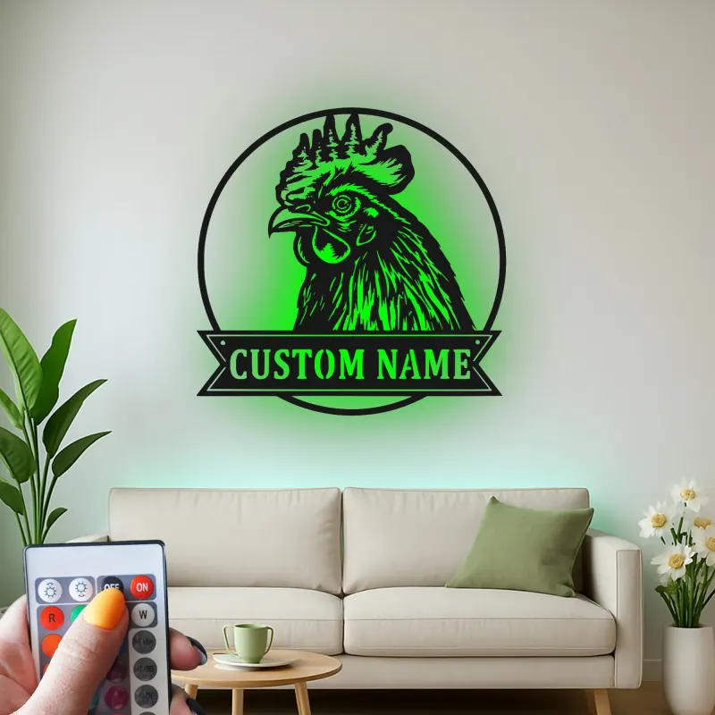 Cartel LED de cabeza de gallo | Arte mural de metal personalizado | Decoración de granja personalizada para agricultores y granjas