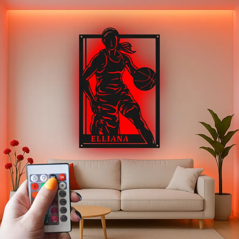 Custom Female Basketball Player Led Light Metal Wall Art Personalized Athlete Gift Game Room Sports Decor