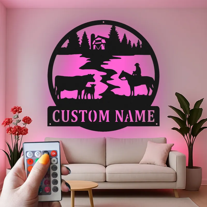 Cartel de metal LED con escena de rancho personalizado, regalo rústico para vaqueros, decoración de granja para amantes del rancho