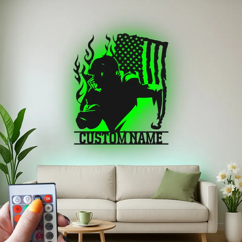Plaque LED personnalisée joueur de football américain | Décoration murale en métal personnalisée pour salle de jeux | Cadeau pour adolescent sportif