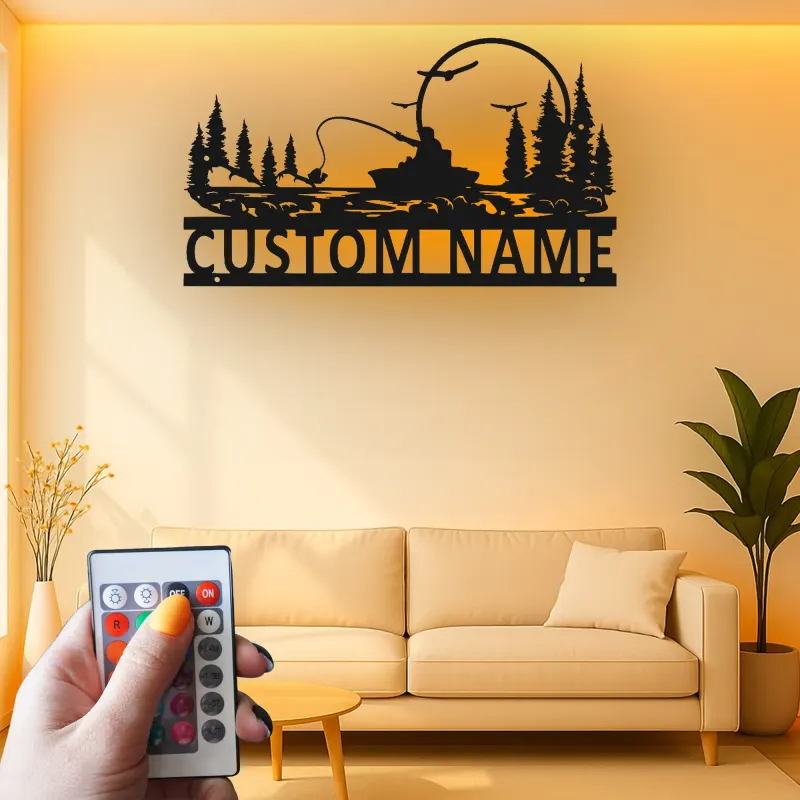 Cartel de pesca personalizado con luz LED | Arte mural de metal personalizado para casa de campo | Regalo para pescador y angler