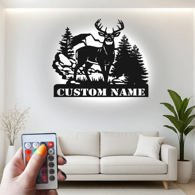Insegna in metallo personalizzata con luce LED per foresta di cervi - Regalo personalizzato per cacciatori, decorazione rustica per cabin