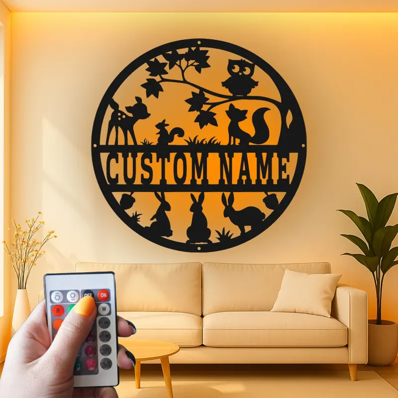 Décoration murale en métal personnalisée avec animaux des bois en rétroéclairage - Cadeau de nursery pour enfants