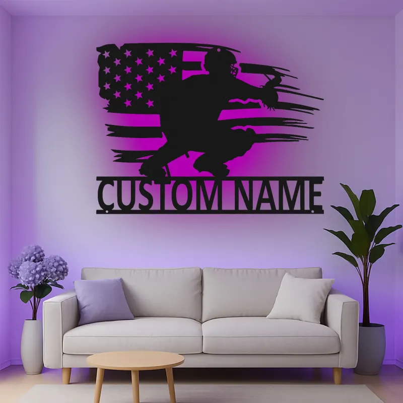 Custom Baseball Catcher Led Light Metal Wall Art Personalized Gift for Baseball Fans Game Room Sports Decor